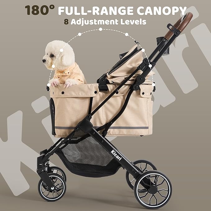 All-Terrain Dog Stroller for Small to Medium Dogs, Pet Stroller for Dogs & Cats Outdoor Walks, One-Hand Easy Fold, Double-Layer Anti-UV & Waterproof Canopy & Breathable Mesh, Vanilla Beige