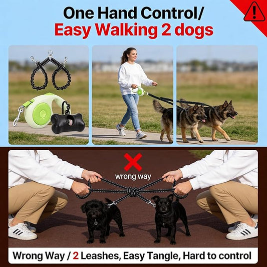 Dual Retractable Dog Leash for 2 Large Dogs (Up to 110 Lbs Each), One-Button Break and Lock, Non-Slip Grip, Double-Headed, 16 FT Extendable Pet Leash with Poop Bags, 360° Tangle-Free (Green, Large)
