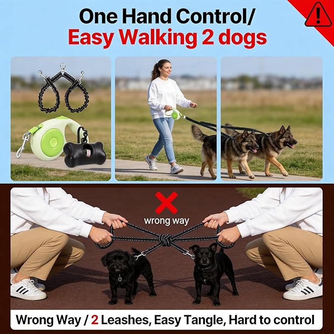 Small Breed Dual Retractable Dog Leash (Up to 44 Lbs Each) One-Button Break and Lock, Non-Slip Grip, Double-Headed, 16-Foot Extendable Pet Leash with Poop Bags, and 360° Tangle-Free (Green, Medium)