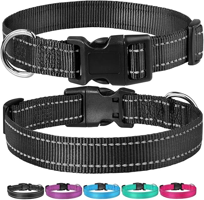 Reflective Dog Collar with Buckle Adjustable Safety Nylon Collars for Small Medium Large Dogs, Black XL