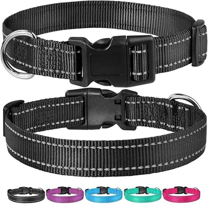Reflective Dog Collar with Buckle Adjustable Safety Nylon Collars for Small Medium Large Dogs, Black XL