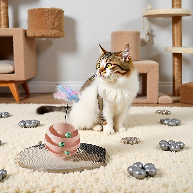 Interactive Cat Toy for Indoor Cats, 3-Layer Ball Track with Tumbler Base & Feather, Self-Play Kitten Toy to Reduce Boredom & Anxiety, Durable Interactive Pet Toy for Kittens and Adult Cats (pink)