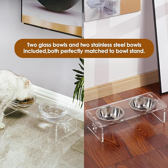 Elevated Dog & Cat Bowls – 3.75” Acrylic Raised Pet Feeder Stand with 2 Stainless Steel & 2 Glass Bowls – Food & Water Dish Set for Puppy/Small Dogs & Cats