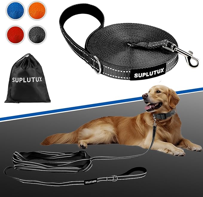 Reflective Dog Leash–10FT/16FT/30FT/50FT/100FT Durable Nylon Training Leash with Heavy-Duty Metal Clasp, High Visibility for Night Walking, Perfect for Small, Large Dogs (Black, 50FT)