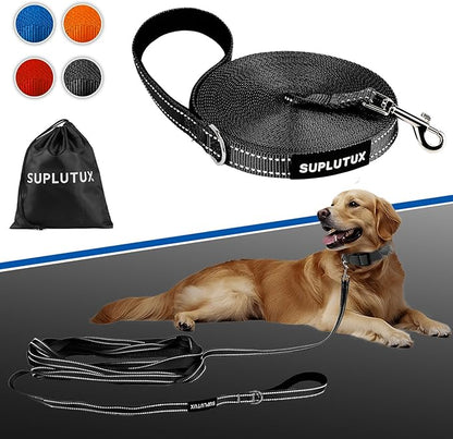 Reflective Dog Leash–10FT/16FT/30FT/50FT/100FT Durable Nylon Training Leash with Heavy-Duty Metal Clasp, High Visibility for Night Walking, Perfect for Small, Large Dogs (Black, 50FT)
