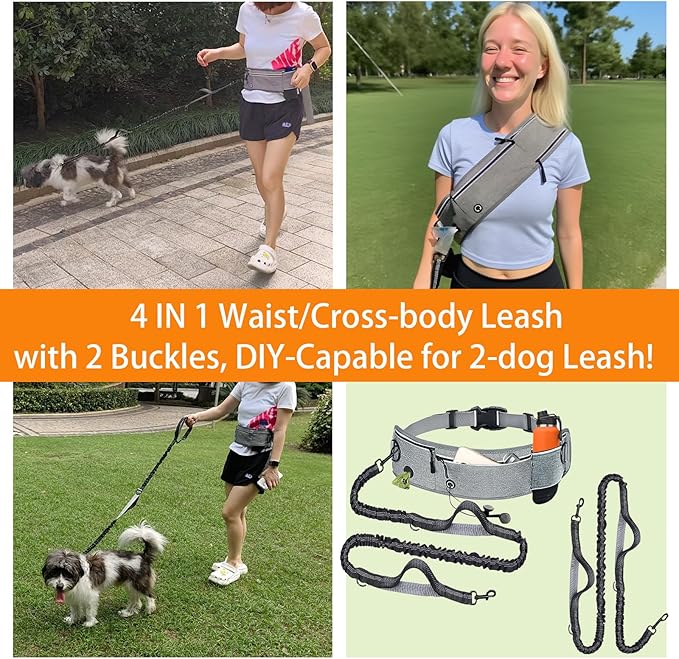 4 in 1 Hands Free Waist Dog Leash, Crossbody Leash with Pouch, Retractable Bungee Shock Absorption, Anti-Burst Design, Reflective, for Medium to Large Dogs (02-Black)