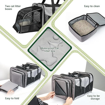 Expandable Cat Carrier for 2 Cats, Double Compartment Large Pet Carrier for Long Distance Car Travel, Includes 2 Portable Litter Boxes, Foldable Multi-Cat Travel for Road Trips & Camping, Gray