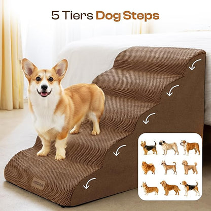 Extra Wide Dog Stairs for Large Dogs Up to 80lbs, 25" Pet Steps for High Bed with Washable Cover, 5-Step Foam Bed & Couch Ladder for Small Medium Dogs & Senior Cat, Coffee