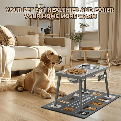 Raised Dog Bowl Stand for Large Dogs, 10” Tall Elevated Feeder with Spill-Proof Mat, Stainless Steel 58OZ Bowls for Food & Water, Gray Color (Mat Size: 16x24”)