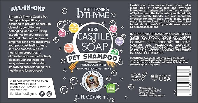 Brittanie's Pure Castile Dog Shampoo - 32oz 2 Pack | Gentle Shampoo + Conditioner for Dogs & Cats | Improves Coat | for Allergies and Itching | Deodorizes, Moisturizes & PH Balanced