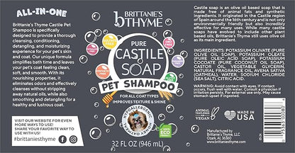Brittanie's Pure Castile Dog Shampoo - 32oz 2 Pack | Gentle Shampoo + Conditioner for Dogs & Cats | Improves Coat | for Allergies and Itching | Deodorizes, Moisturizes & PH Balanced