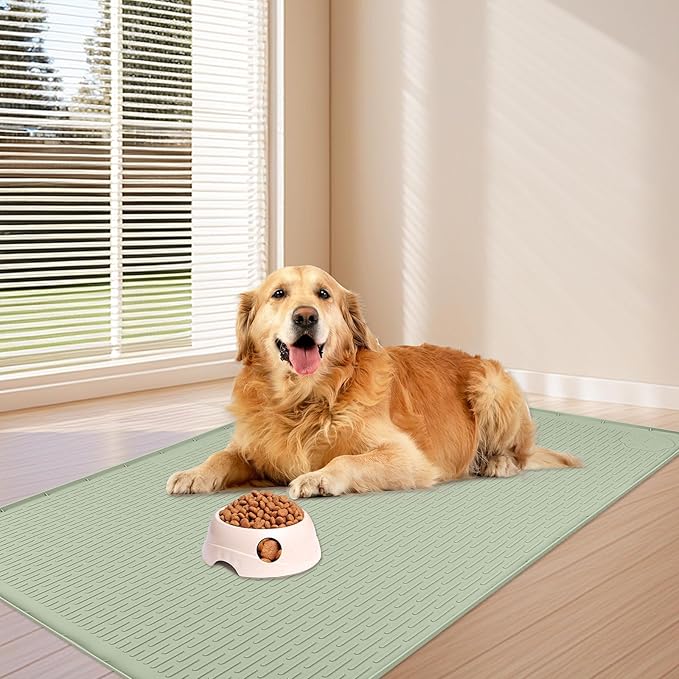 Dog Food Mat, Extra Large 40" x 28" Silicone Pet Feeding Mat for Small, Medium, and Large Pets Non-Slip, Easy to Clean, Green