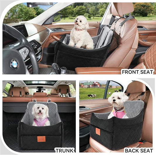 GL GLENSLAVE Dog Car Seat for Small/Medium Dogs, Dog Booster Car Seats with Thick Cushion for Dogs Under 35lbs, Detachable Washable Pet Carseat with Storage Pockets, 2 Safety Belts(Black/Grey)