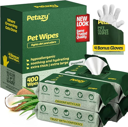 Dog Wipes for Paws and Butt – Hypoallergenic XL Dog Paw Cleaning Pet Wipes for Dogs and Cats, Deodorizing & Grooming for Body, Ears and Face, Unscented, 400 Count, Includes 4 Grooming Gloves