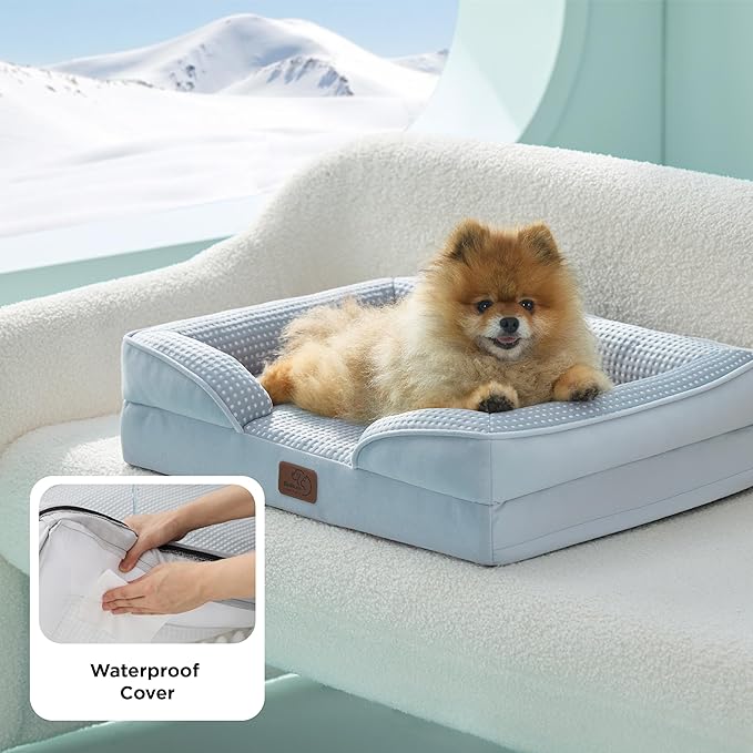 Bedsure Cooling Dog Bed for Small Dogs - Orthopedic Small Dog Cat Cooling Bed Washable, Comfort Pet Couch Sofa with Waterproof Removable Cover, Pets Bed with Nonskid Bottom, Cooling Blue, 24"