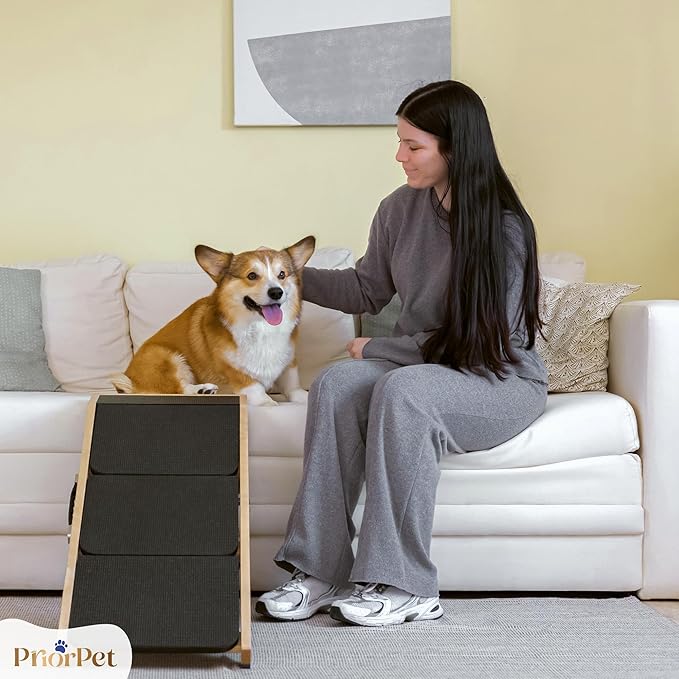 Dog ramp for Couch – Non-Slip, Sturdy Build Foldable Dog ramp – Supports up to 200lbs – Adjustable 7'' to 20'' – Landing Platform Seamlessly Connects – Birchwood Pet Ramp for Small Dogs – Natural