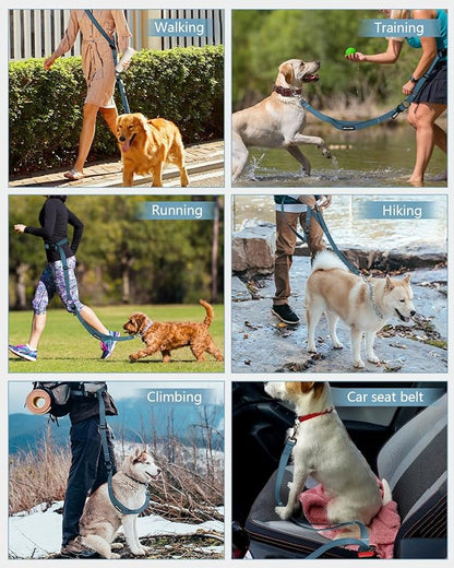 Hands Free Dog Leash & Car Seatbelt, 5.9-9.5ft Crossbody Dog Belt with Dual Soft Handles, Shock-Absorbing, 360° Clip, Reflective Design for Walking, Running, Hiking, Travel. (Ink Blue)