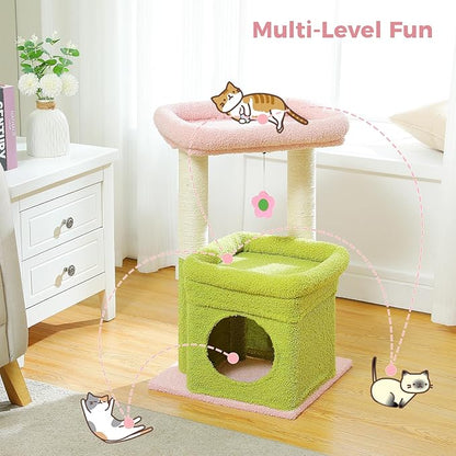 PEQULTI Cat Tree Flower Cat Tower for Indoor Cats with Private Cozy Cat Condo, Natural Sisal Scratching Posts and Plush Pom-pom for Small Cats, Pink