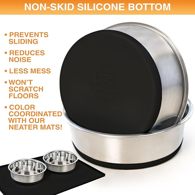 Neater Pet Brands Stainless Steel Dog Bowls with Non-Slip Rubber Bottom – 3 Cup (24 oz), Black - Set of 2 Heavy Duty Metal Dog Bowls, Dishwasher Safe, Food or Water Bowl, Ideal for Small & Medium Dogs