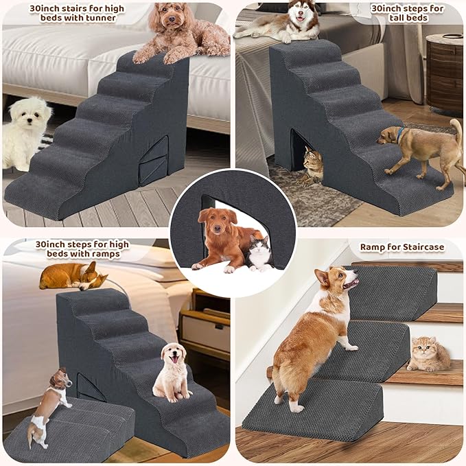 30 Inch Dog Stairs for High Bed, 6 Steps Memory Foam Pet Steps with 3 Ramps for Senior Dogs & Cats, Non-Slip Washable Pet Stairs for Couch Sofa Bed, Grey