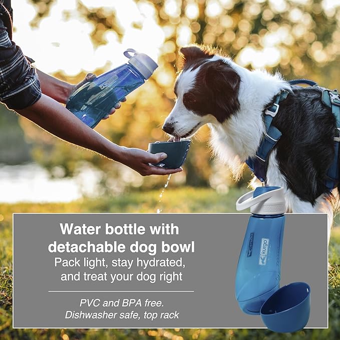 Kurgo Gourd 2 in 1 Dog Travel Water Bottle, Pet Water Bottle, Portable Water Dish for Dogs, Detachable Bowl, PVC/BPA Free, Dishwasher Safe, Holds 24 oz
