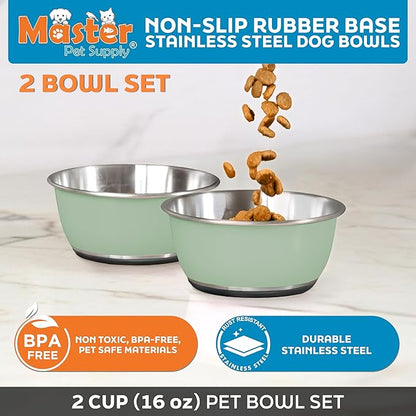 Master Pet Supply Stainless Steel Dog Bowls Set of 2 (16 Oz Each) with Non-Slip Rubber Base - Pistachio - Basic Dog Food Bowl Water & Food Bowls for Small Medium Large Dogs & Cats, Metal Dish