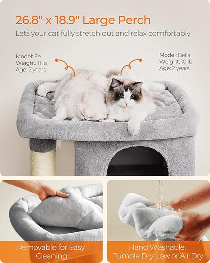 Feandrea Cat Tree, 40.6-Inch Cat Tower, Plush Condo for Extra Large Cats up to 44 lb, Large Perch, 2 Caves, Scratching Post, Light Gray UPCT614W01