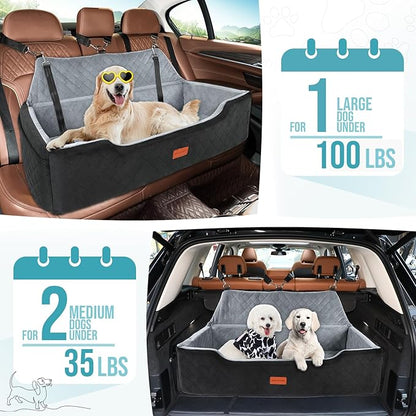 HEGGCOOE Large Dog Car Seat Under 100 lbs, Washable Dog Car Bed for 2 Medium Dogs, Detachable Pet Booster Seat with Storage Pocket and Seat Belt for Back Seat Dog Travel Bed