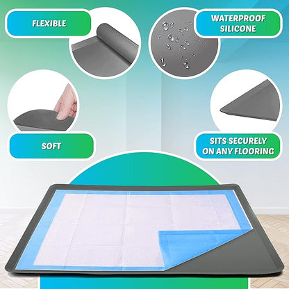 TidyFriend Dog Pee Pad Holder Tray Fits for 36” x 36” Wee Wee Pee Pads - Stable Grip, Raised Edges, Quick-Wipe Silicone Surface Dog Potty Tray Holder for Indoor Flooring Protection (Grey)