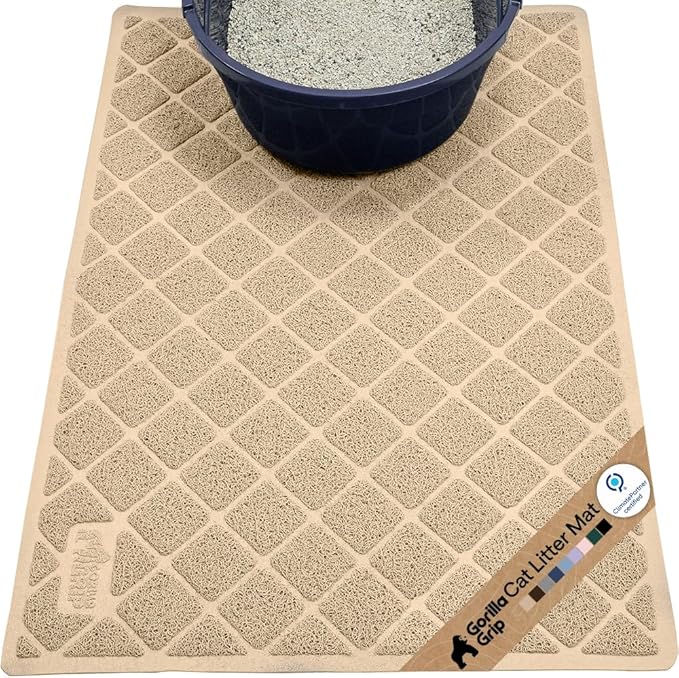 GORILLA GRIP Cat Litter Box Mat, Cushioned Coil Mesh Litter Trapping Mats, Scatter Control Supplies for Less Mess, Phthalate Free, Ultra Deep Catch Grooves, Rinse or Vacuum to Clean, 30x20 Beige
