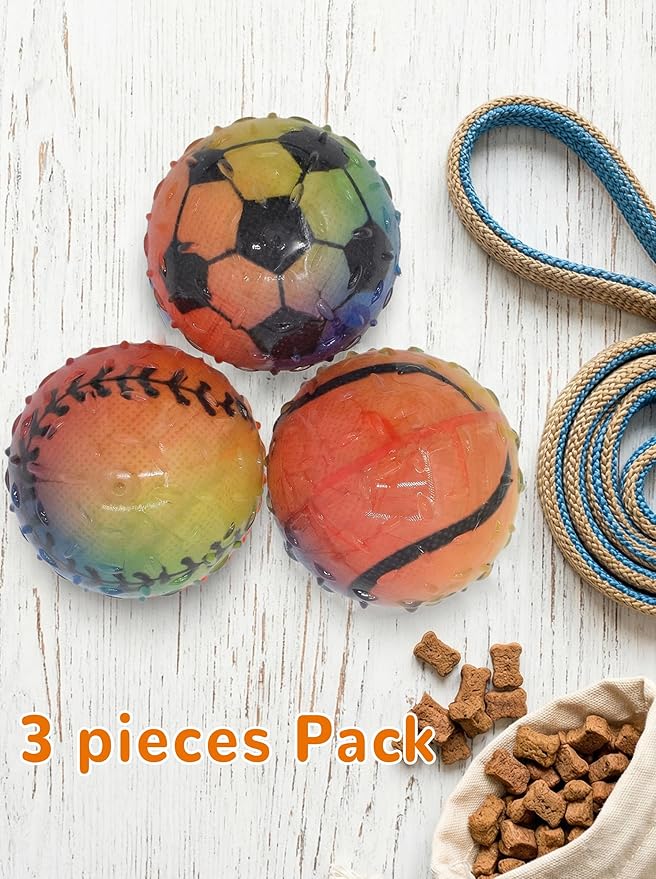 Colorful Squeaky Dog Toy Balls, Spiky Sensory 3" Balls for Dogs, Dog Chew Toys for Teething, Non-Toxic TPR,3 Pack, 3",Sport