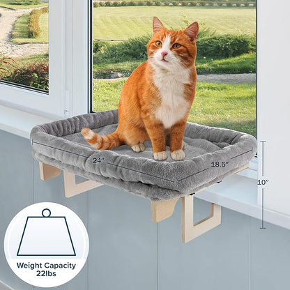 Cat Bed for Window Sill - Cat Window Perch with Bolster and Removable Washable Cover - Window Hammock with Sturdy Wood Frame for Large Cats - Pet Beds for Indoor Cats by PETMAKER (Gray)