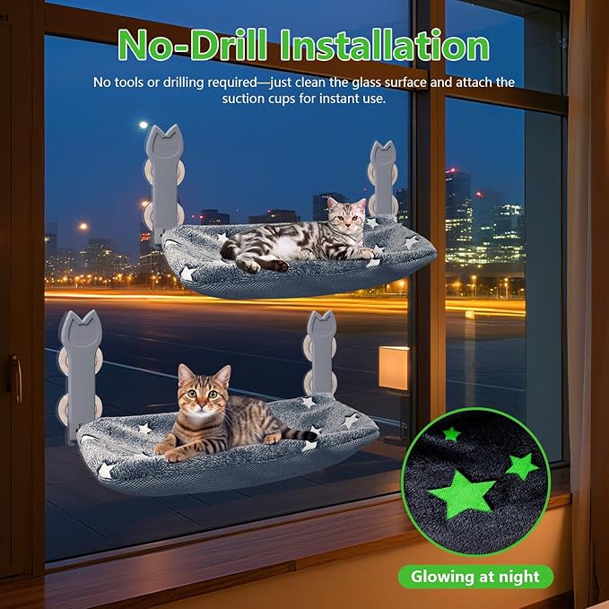 2 Pack Cat Window Perch,Cat Window Hammock Cordless Foldable Window Bed with 4 Large Strong Suction Cup,Reversible Cushion Cover,Metal Frame Easy to Adjust Window Seat Holds up to 40lbs(Star White