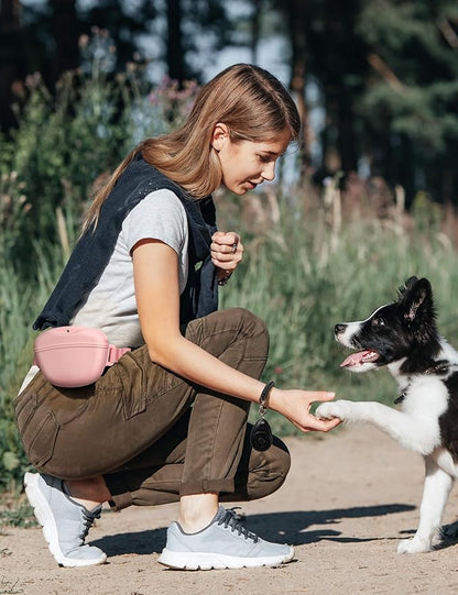 heouvo Dog Treat Pouch with Training Clicker, Upgrade Stronger Magnetic Closure to Avoid Spilling, 1.67 Cup Silicone Treat Bag Fanny Pack with Waist Belt for Pet Training Walking (Pink)