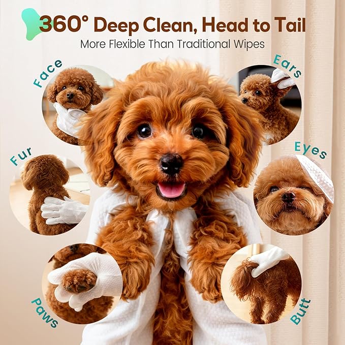Pet Glove Wipes for Dogs and Cats, No-Rinse Dog Cleaning Gloves, Unscented Thick Glove Wipes for Waterless Cleaning, Daily Care & Travel, 30 Count