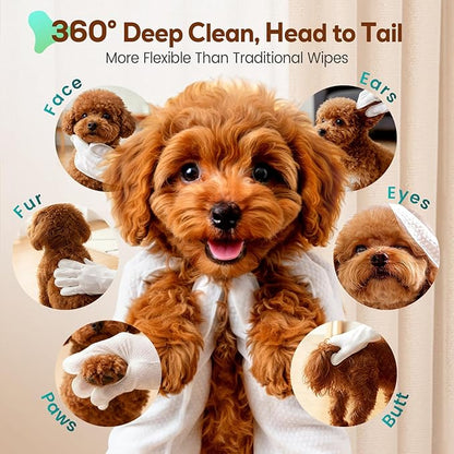 Pet Glove Wipes for Dogs and Cats, No-Rinse Dog Cleaning Gloves, Unscented Thick Glove Wipes for Waterless Cleaning, Daily Care & Travel, 30 Count