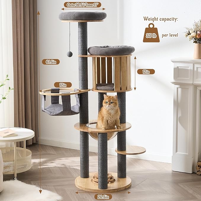 Modern Cat Tree Tower with Scratching Post, 61.5in Tall Cat Tree for Indoor Cats, Multi-Level Solid Wood Cat Furniture with Cozy Cat Beds, Cat Condo, Hammock, Capsule Nest, Turntable Toy, Gray