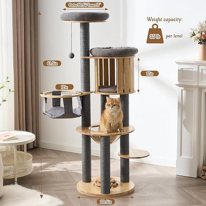 Modern Cat Tree Tower with Scratching Post, 61.5in Tall Cat Tree for Indoor Cats, Multi-Level Solid Wood Cat Furniture with Cozy Cat Beds, Cat Condo, Hammock, Capsule Nest, Turntable Toy, Gray