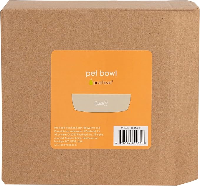 Pearhead Ceramic Dog Bowl – Neutral Taupe “Woof” Design, Holds 2.5 Cups, Non-Skid Stoneware Pet Feeding Dish, 20 oz, Medium