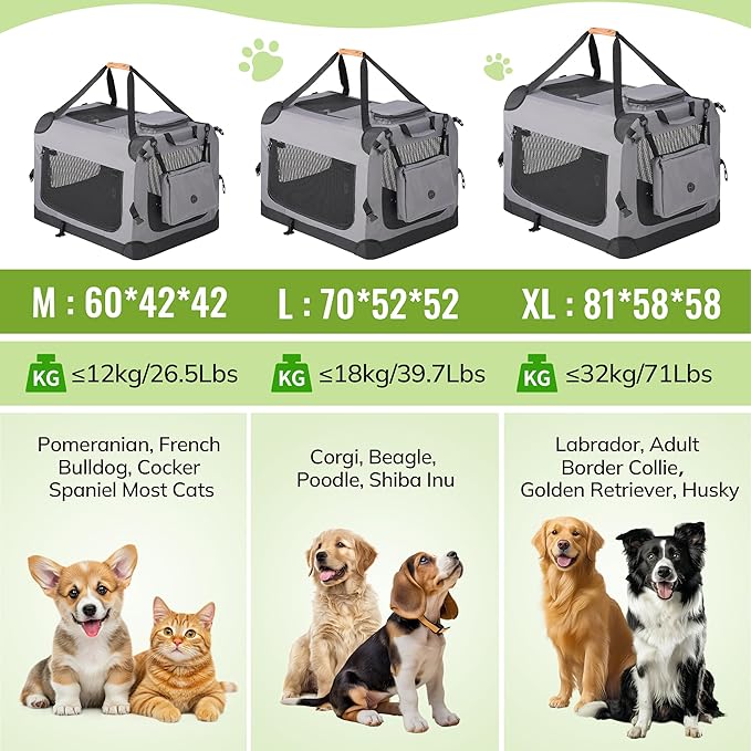 Morpilot 24-inch Portable Collapsible Dog Crate: Travel Dog Crate Soft-Sided for Small Dogs up to 27lbs, with Foldable Bowl, Shoulder Strap & Storage Pockets, Grey