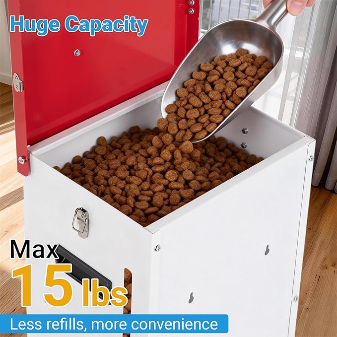 Automatic Dog Feeder - 15LBS Food Capacity Automatic Gravity Dispenser, Powder Coated & Waterproof for Indoor & Outdoor Use, 10.2" L x 8.3" W x 19" H, Red and White