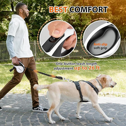Upgraded Retractable Dog Leash with Chew Proof Extender, Pet Walking Leashes with Poop Bag Holder, 26Ft Heavy Duty Retractable Pet Leash for Medium Large Dogs up to 110lbs, Anti-Slip Grip
