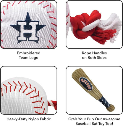 MLB HOUSTON ASTROS Baseball Rope Toy for DOGS & CATS. Tough nylon, Sporty Baseball Design, Heavy-duty ropes with Inner SQUEAKER