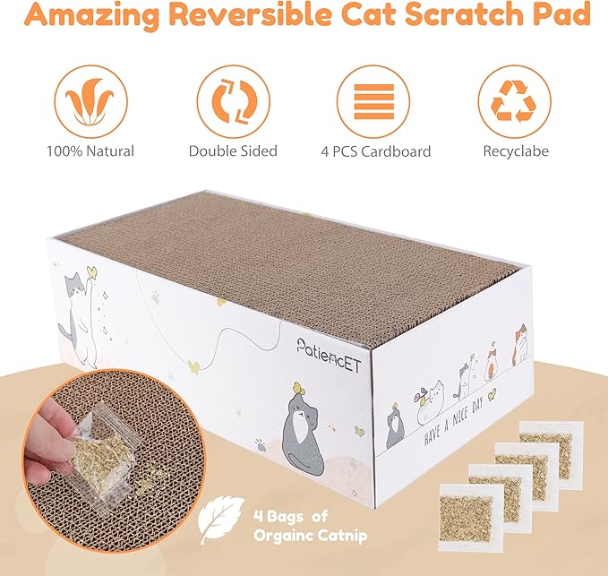 PatiencET 4 Pack Cat Scratch Pad with Box, Cardboard Cat Scratcher for Indoor Cats, Reversible Scratcher with Catnips Box Bed Desigh for Small Medium Cat Kitten, Scratching Board for Cats