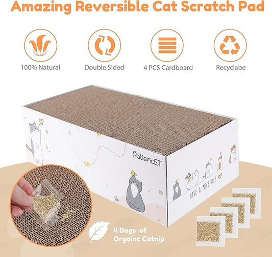 PatiencET 4 Pack Cat Scratch Pad with Box, Cardboard Cat Scratcher for Indoor Cats, Reversible Scratcher with Catnips Box Bed Desigh for Small Medium Cat Kitten, Scratching Board for Cats