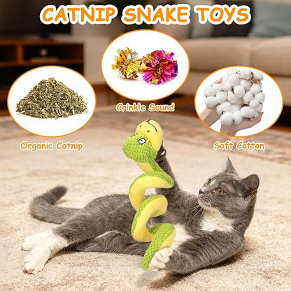 Retro Shaw 14" Large Crinkle Snake Cat Toy, Catnip & Silvervine Infused, Durable Chew Resistant Plush for Aggressive Chewers, Realistic Stuff Snake Interactive Kicker Toy for Large Indoor Cats