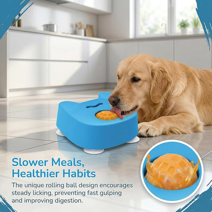 Slow Feeder Dog Bowls for Liquid Treat with 4 Powerful Suction Cups,Dog Licking Bowl with Rolling Balls for Bone Broth & Yogurt,Food‑Grade Rubber, for Large Medium Small Puppy Breeds (Blue)