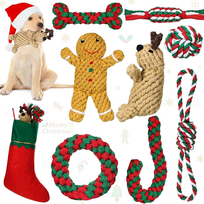 Sadnyy 9 Pcs Christmas Dog Rope Toys Gingerbread Man Reindeer Puppy Chew Xmas Toys Set Interactive Dog Stocking Stuffers, Tough for Puppy Small Medium Gifts Pet Playing Teething Cleaning