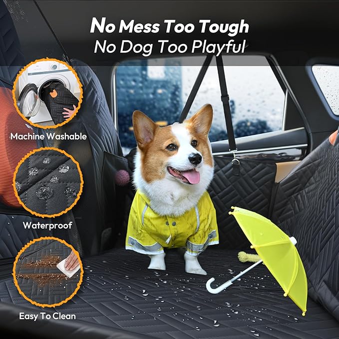 Dog Car Seat Cover for Back Seat-Holds 400lbs, XL Hard Bottom Waterproof Back Seat Extender for Dogs with Mesh Window & Headrest Cover, 600D Heavy Duty Anti-Scratch Dog Hammock for Car, SUV, Truck