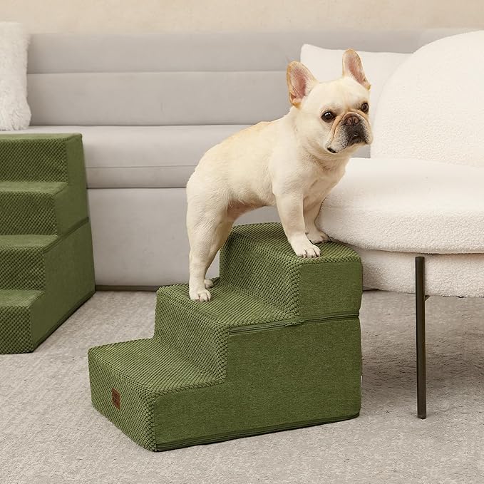 EHEYCIGA Dog Stairs for Small Dogs 13.5" H, 3-Step Dog Steps for Couch Sofa and Chair, Pet Steps for Medium Cats, Non-Slip Balanced Pet Ramp Indoor, Olive Green